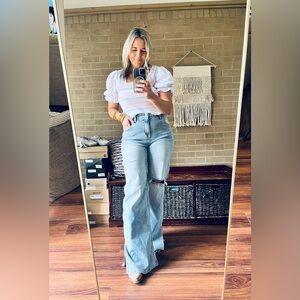 Textured Smocked Puff-Sleeve Crop Top in Pastel Stripe - White